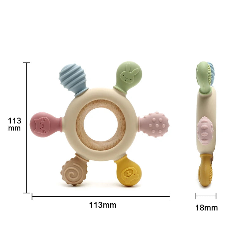 Anneau de dentition à six textures — Bois et silicone