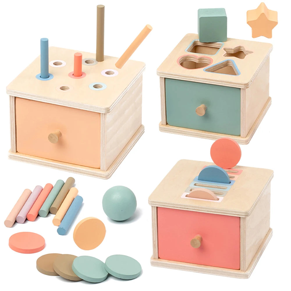 Boîte de tri en bois — Formes, jetons et bâtonnets