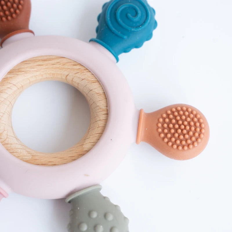 Anneau de dentition à six textures — Bois et silicone