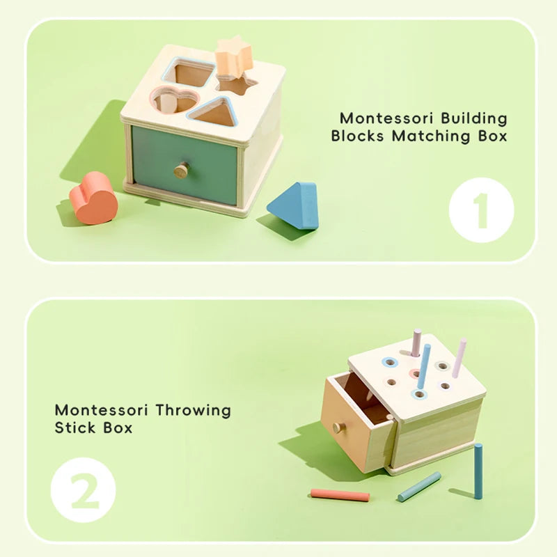 Boîte de tri en bois à tiroir — Bâtonnets, formes ou disques