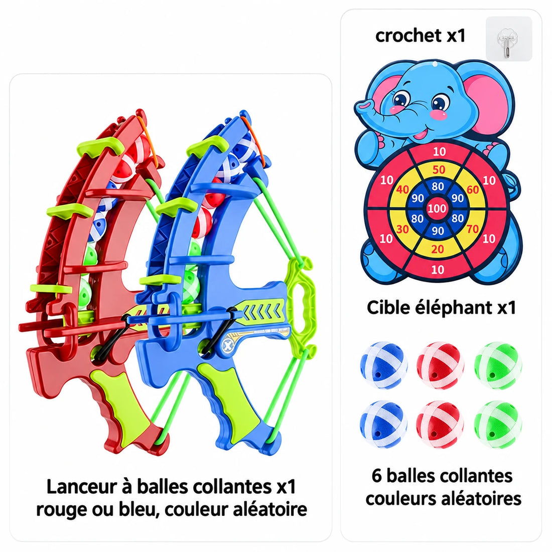 Contenu du jeu présenté en français : un lanceur de couleur aléatoire, une cible éléphant, six balles et un crochet