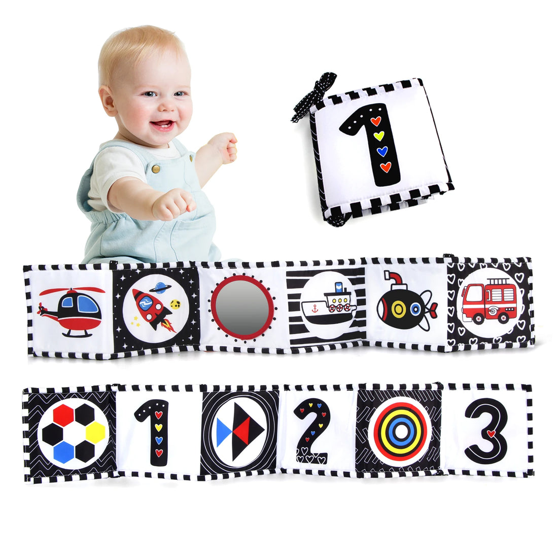 Livre sensoriel bébé en tissu — Motifs contrastés