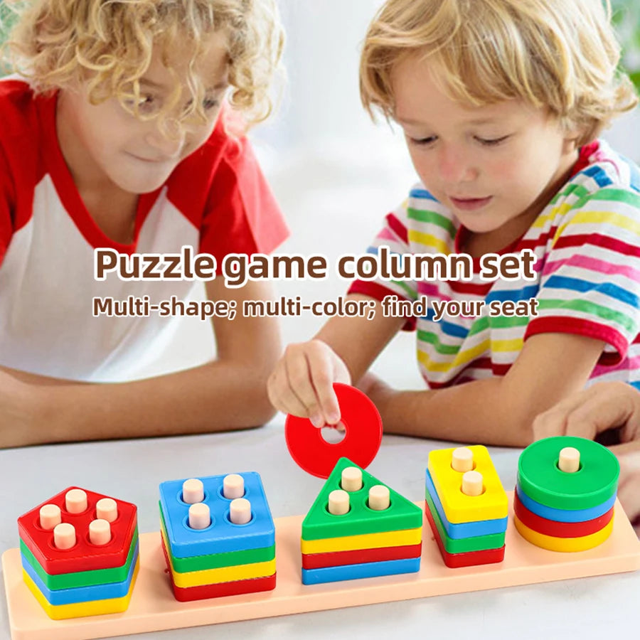 Jeu de tri en bois — Formes à empiler sur cinq supports