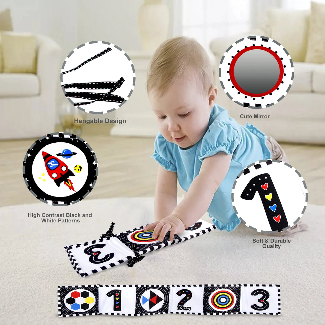 Livre sensoriel bébé en tissu — Motifs contrastés