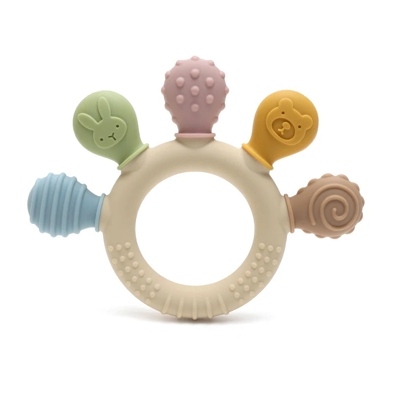 Anneau de dentition à cinq embouts texturés — Coloris pastel