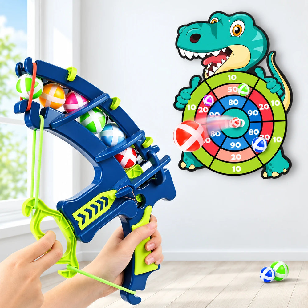 Jeu de cible dinosaure avec lanceur bleu et vert et balles adhésives colorées