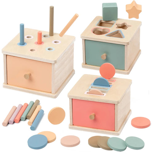 Boîte de tri en bois à tiroir — Bâtonnets, formes ou disques