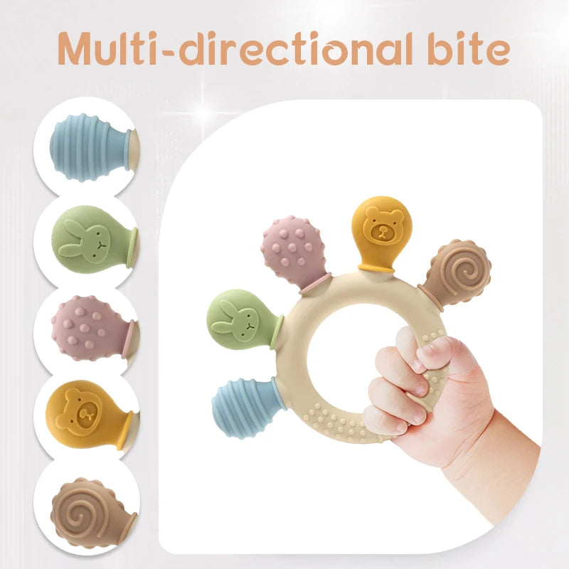 Anneau de dentition à cinq embouts texturés — Coloris pastel