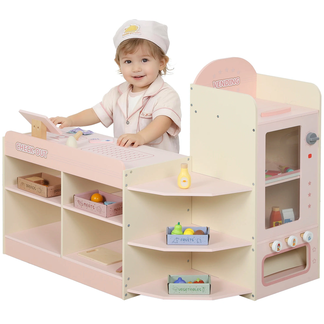 Marchande rose avec caisse et distributeur de jeu — AIYAPLAY
