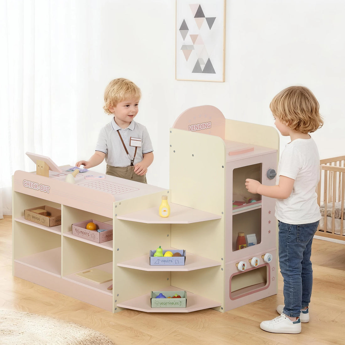 Marchande rose avec caisse et distributeur de jeu — AIYAPLAY