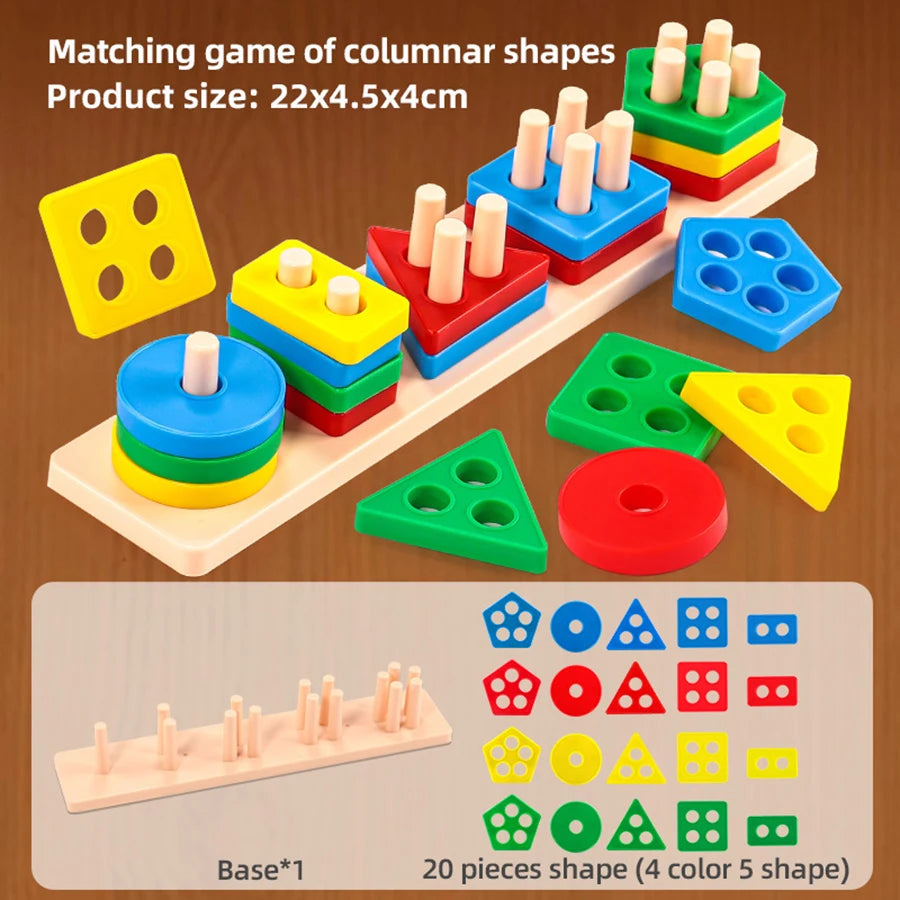 Jeu de tri en bois — Formes à empiler sur cinq supports