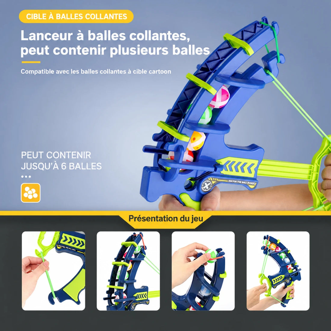 Lanceur de balles adhésives avec présentation et détails en français