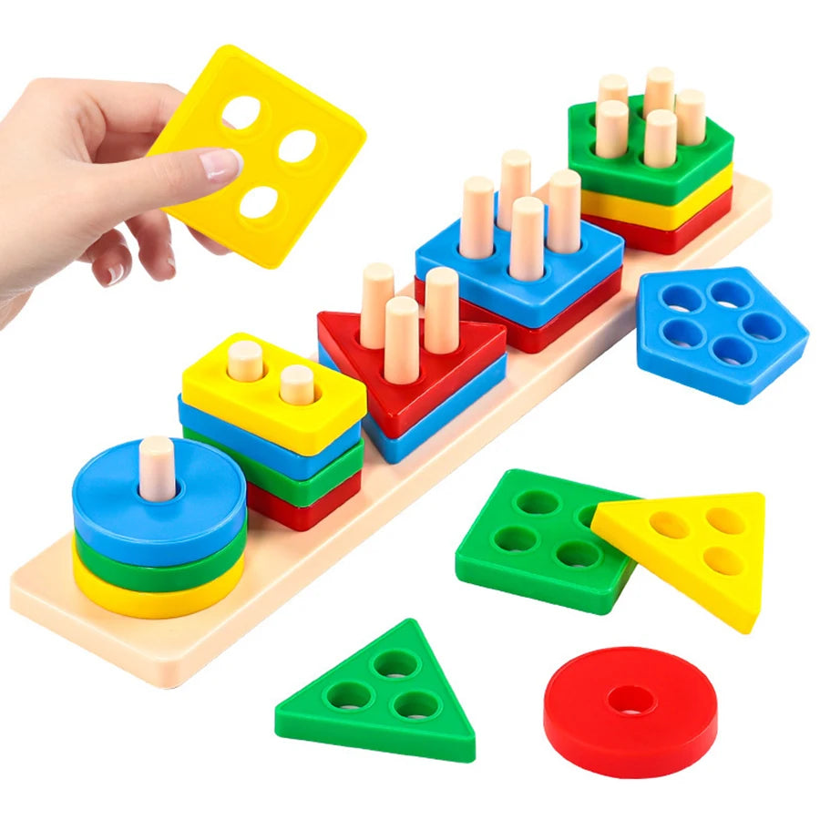 Jeu de tri en bois — Formes à empiler sur cinq supports