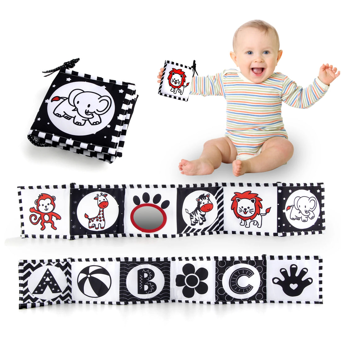 Livre sensoriel bébé en tissu — Motifs contrastés
