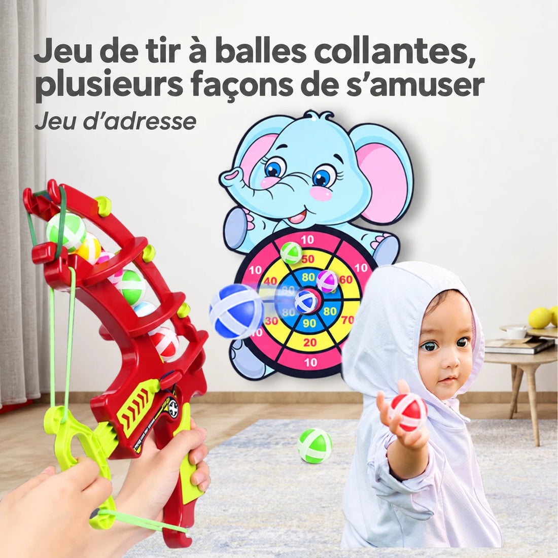 Présentation en français du jeu d’adresse avec lanceur et cible éléphant