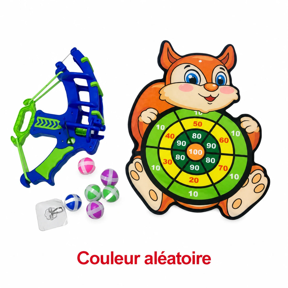 Jeu avec cible écureuil, lanceur et balles adhésives ; mention « Couleur aléatoire » en français
