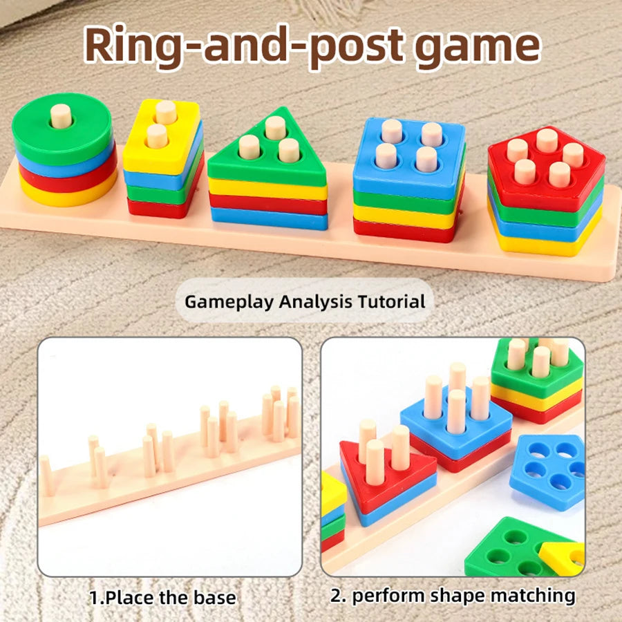 Jeu de tri en bois — Formes à empiler sur cinq supports