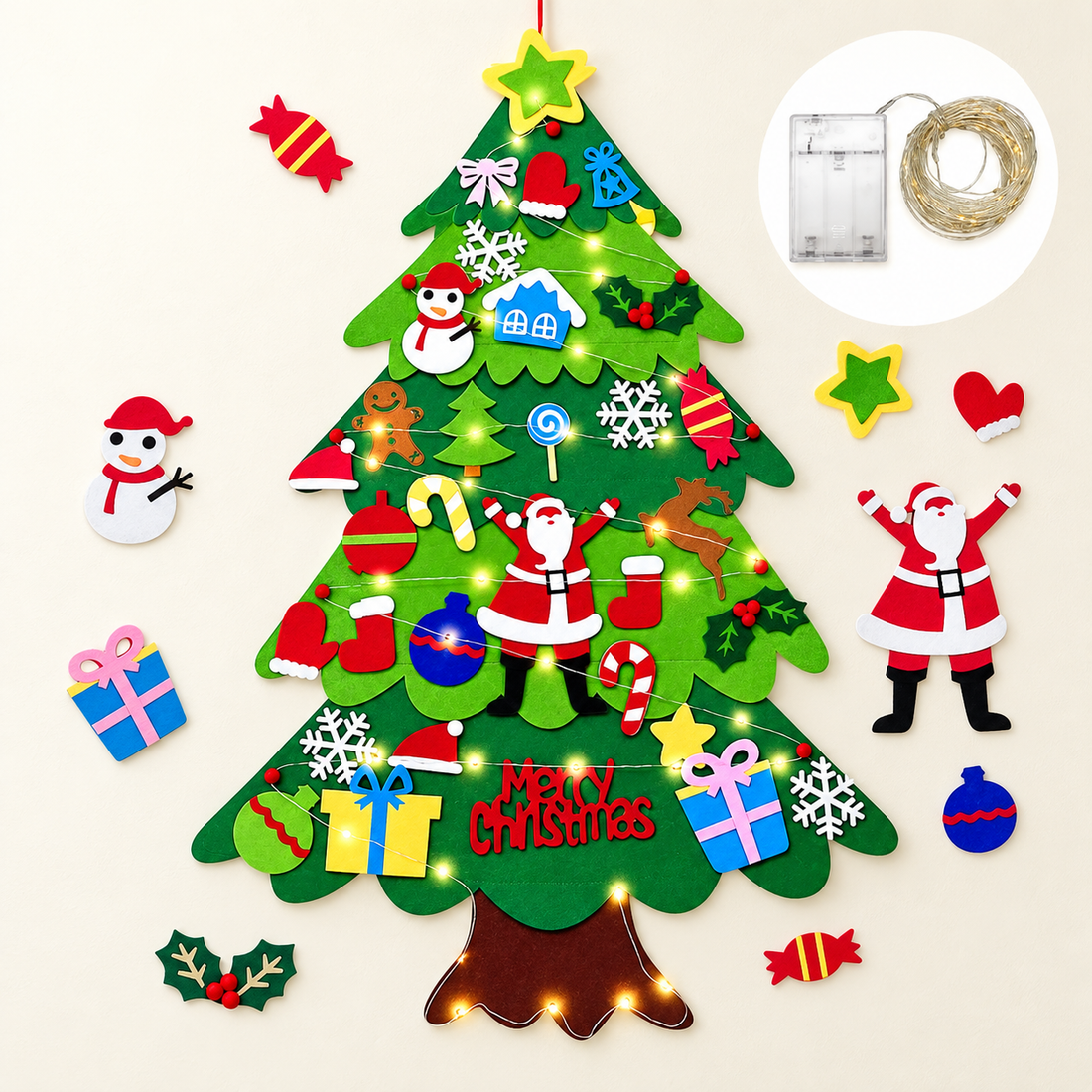 Sapin de Noël mural en feutrine à décorer — Modèle 3 — 32 décorations + guirlande 5 m