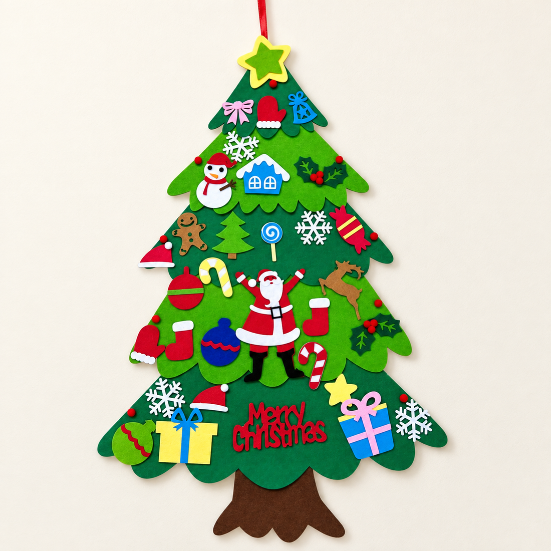Sapin de Noël mural en feutrine à décorer — Modèle 6 — 32 décorations