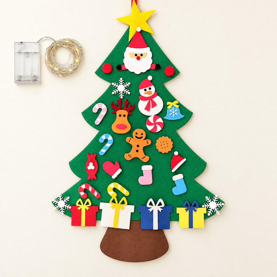 Sapin de Noël mural en feutrine à décorer — Modèle 7 — 26 décorations + guirlande 5 m