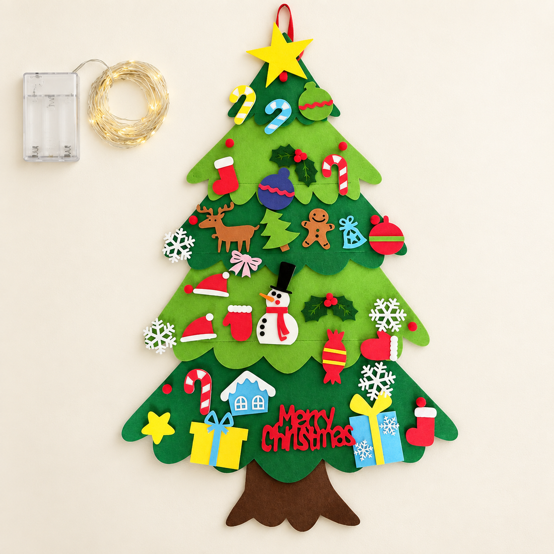 Sapin de Noël mural en feutrine à décorer — Modèle 8 — 32 décorations + guirlande 5 m