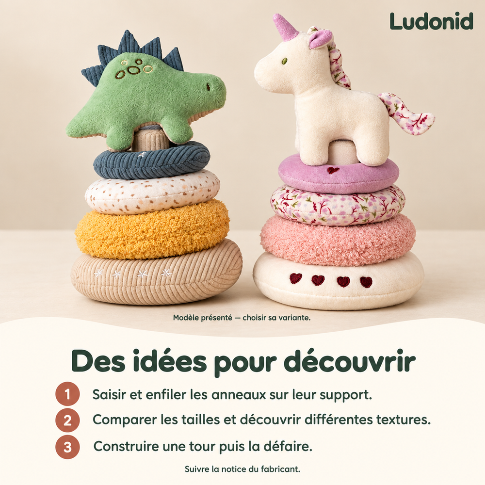 Anneaux à empiler en peluche — Licorne ou Dinosaure — idées de jeu et utilisation en français