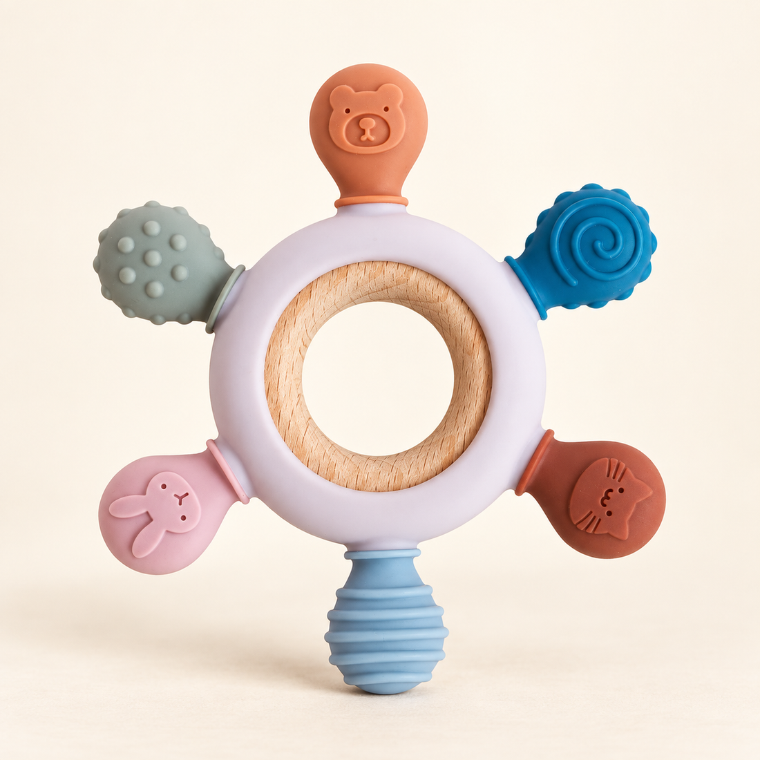 Anneau de dentition à six textures — Bois et silicone — Rose poudré