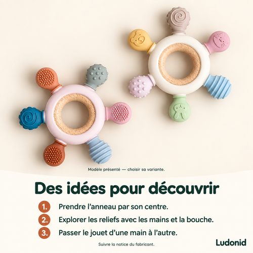 Anneau de dentition à six textures — Bois et silicone — idées de jeu et utilisation en français