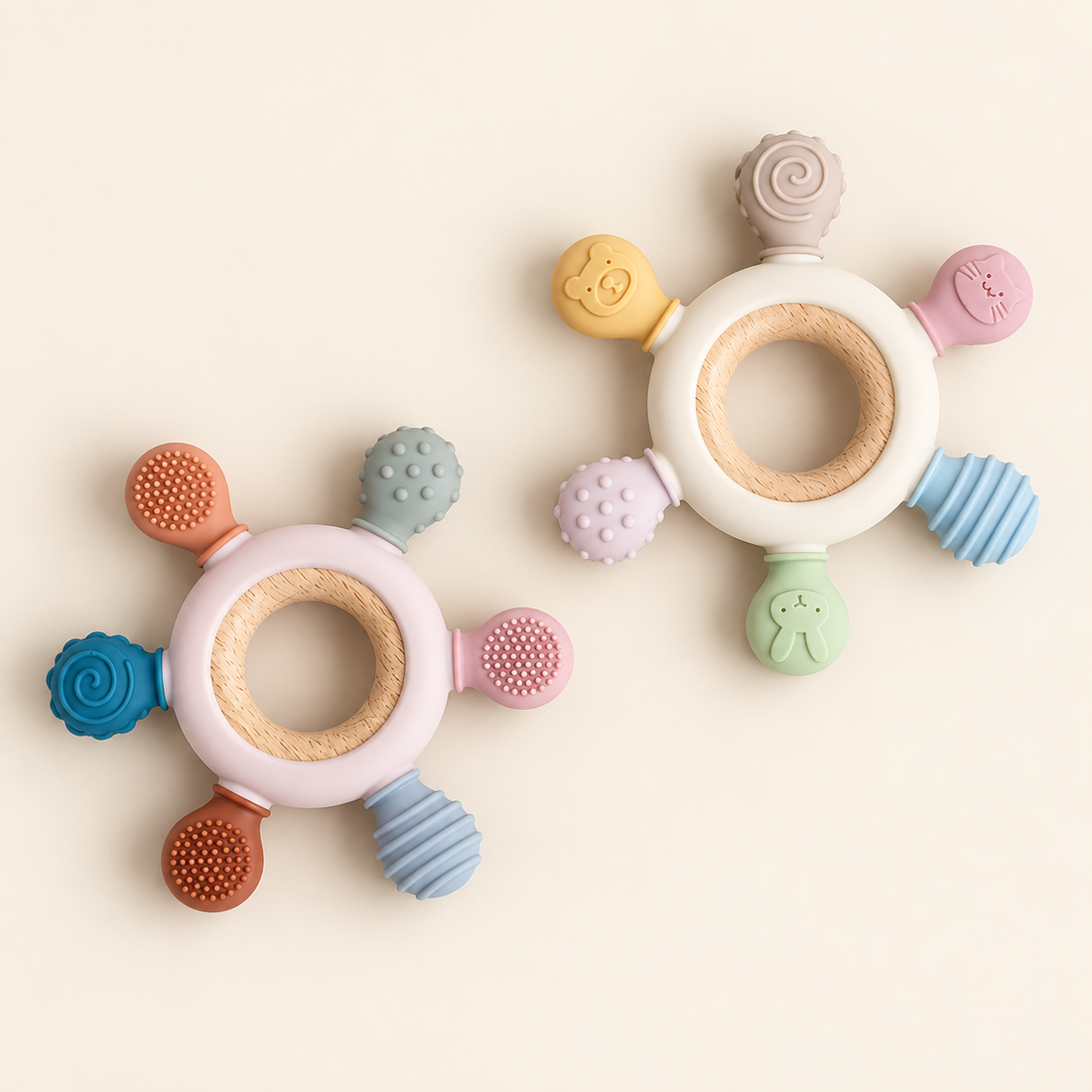 Anneau de dentition à six textures — Bois et silicone — vue du produit, modèle présenté