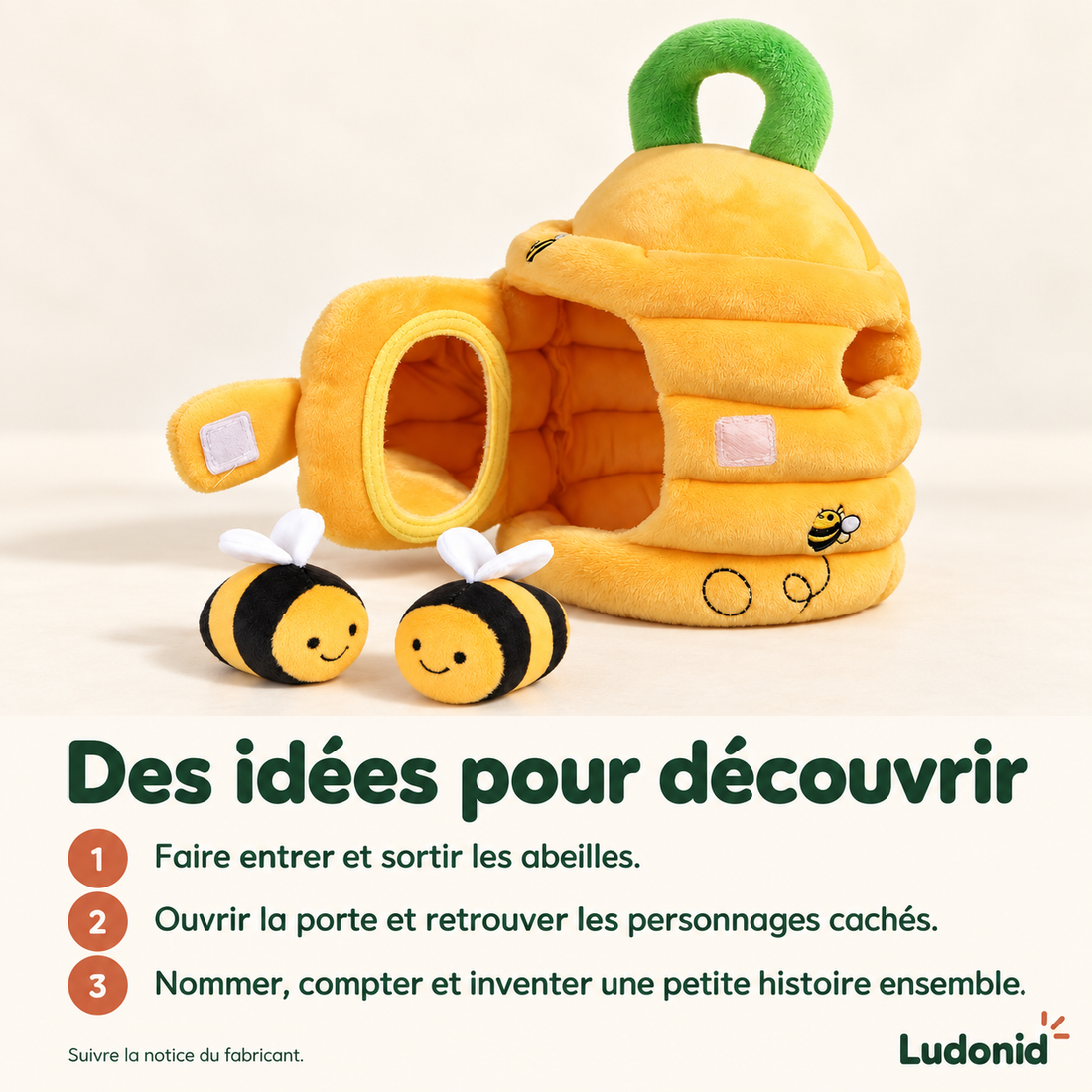 Ruche en peluche et ses cinq petites abeilles — idées de jeu et utilisation en français