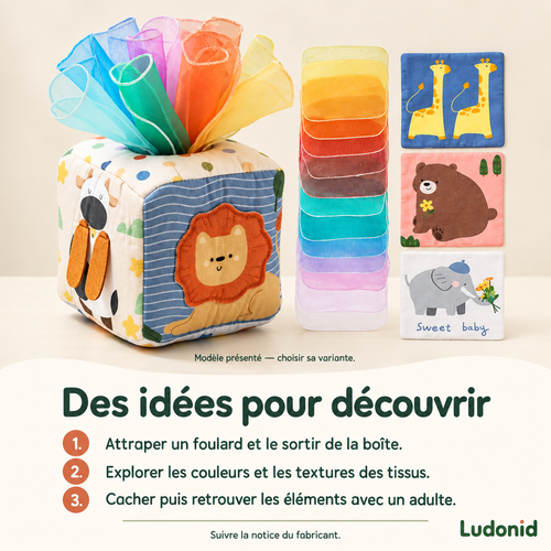 Boîte à mouchoirs sensorielle en tissu — Les animaux — idées de jeu et utilisation en français