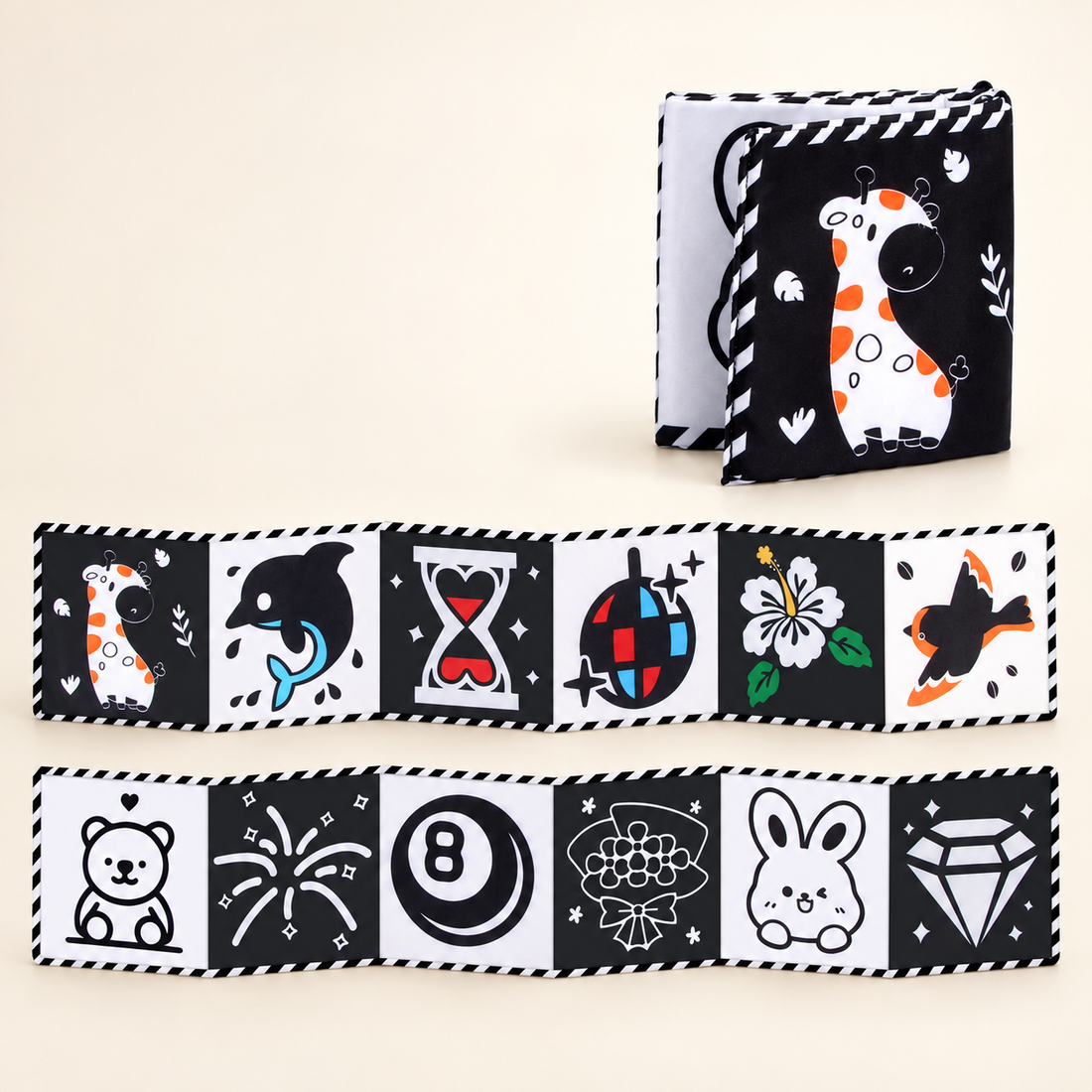 Livre accordéon en tissu à contrastes — Plusieurs thèmes — Animaux — C