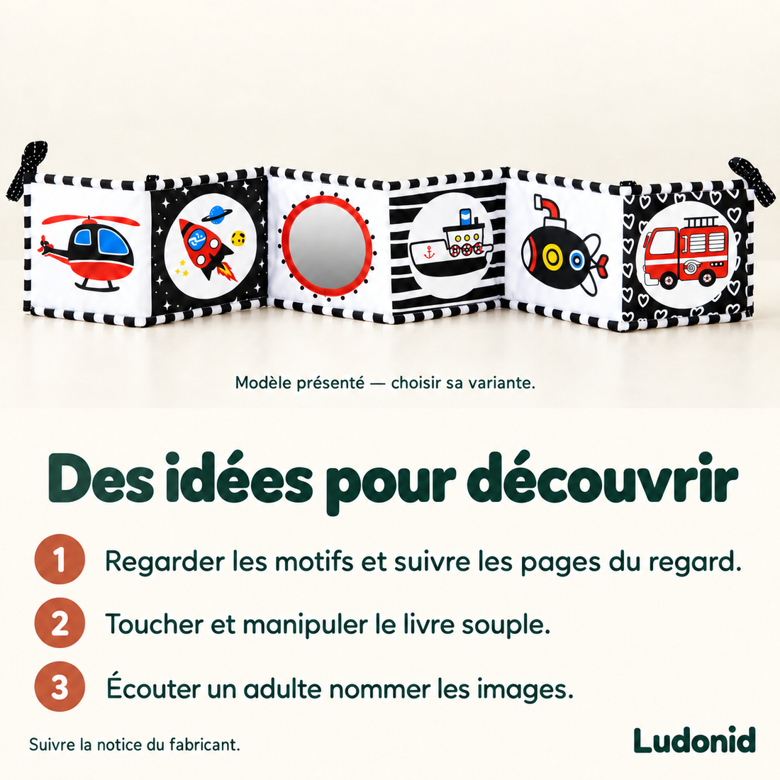 Livre accordéon en tissu à contrastes — Plusieurs thèmes — idées de jeu et utilisation en français
