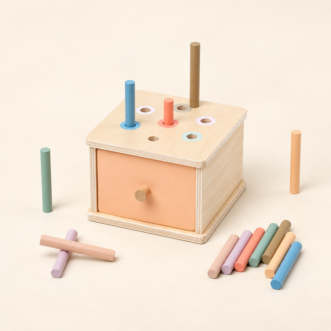 Boîte de tri en bois — Formes, jetons et bâtonnets — Bâtonnets