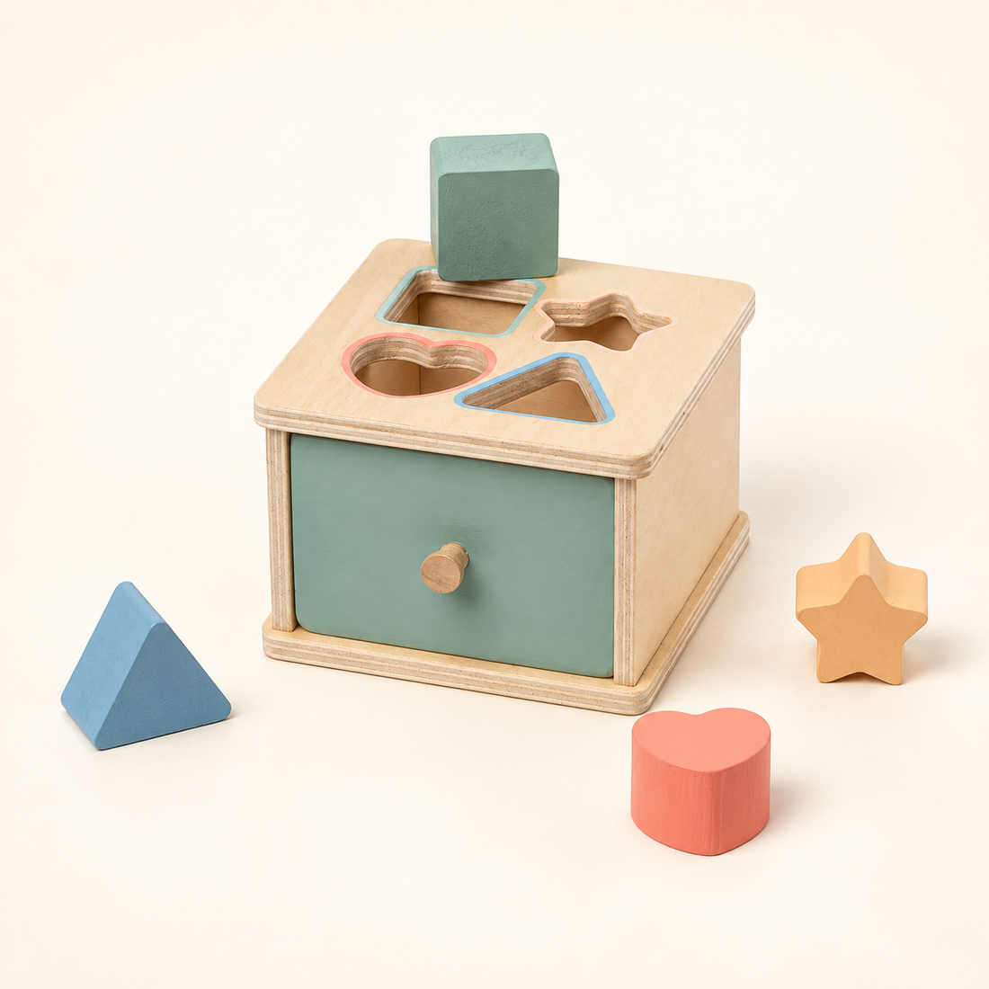 Boîte de tri en bois — Formes, jetons et bâtonnets — Formes