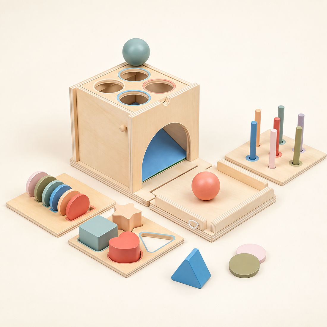Boîte de tri en bois — Formes, jetons et bâtonnets — Coffret 4 en 1