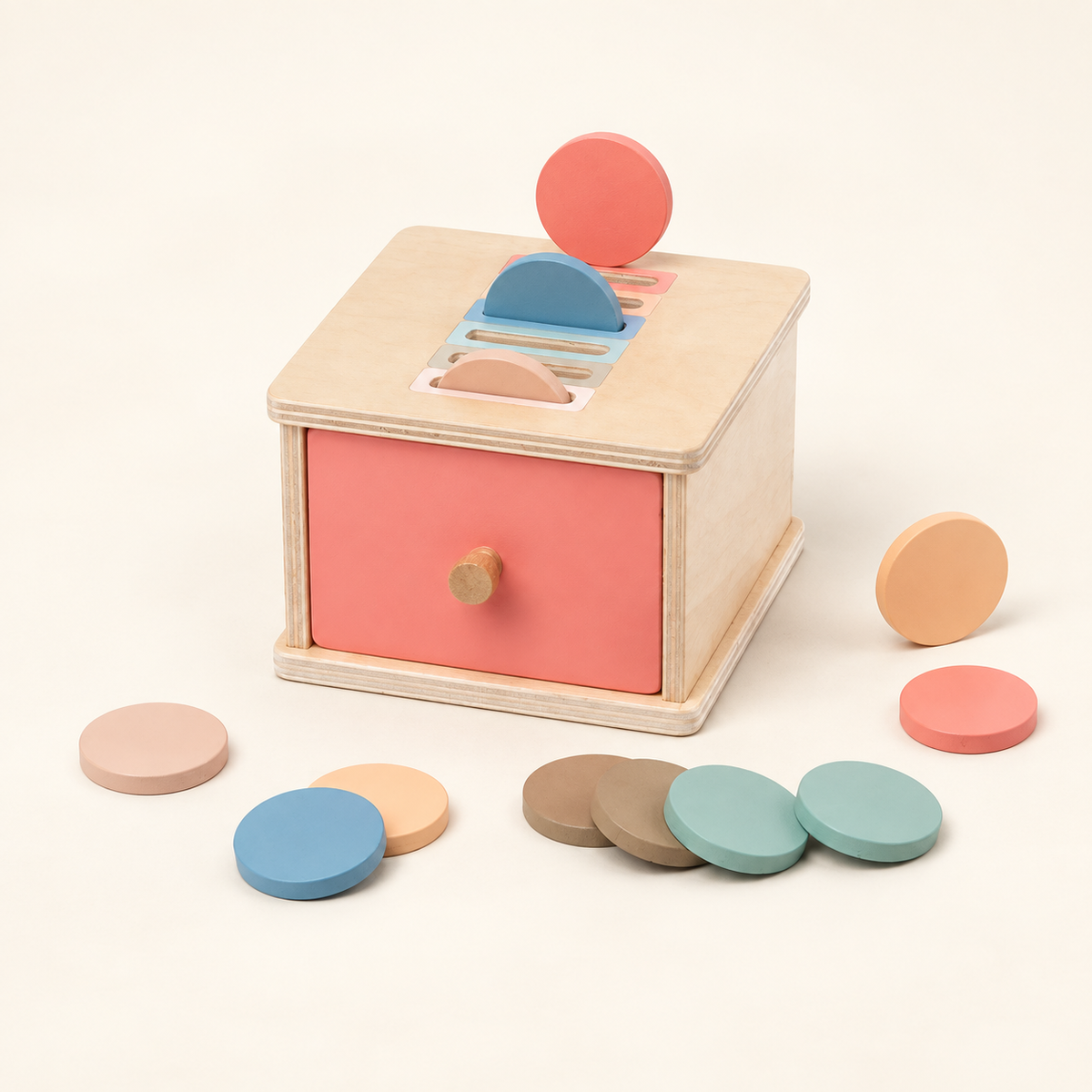 Boîte de tri en bois — Formes, jetons et bâtonnets — Disques