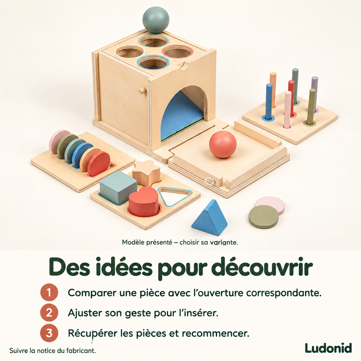 Boîte de tri en bois — Formes, jetons et bâtonnets — idées de jeu et utilisation en français