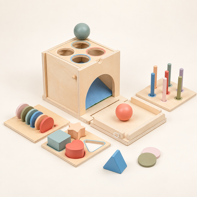 Boîte de tri en bois — Formes, jetons et bâtonnets
