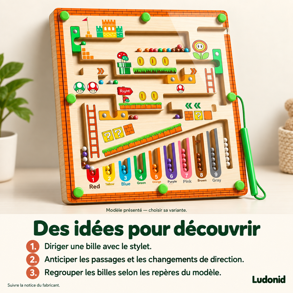 Labyrinthe magnétique en bois — Couleurs et nombres — idées de jeu et utilisation en français