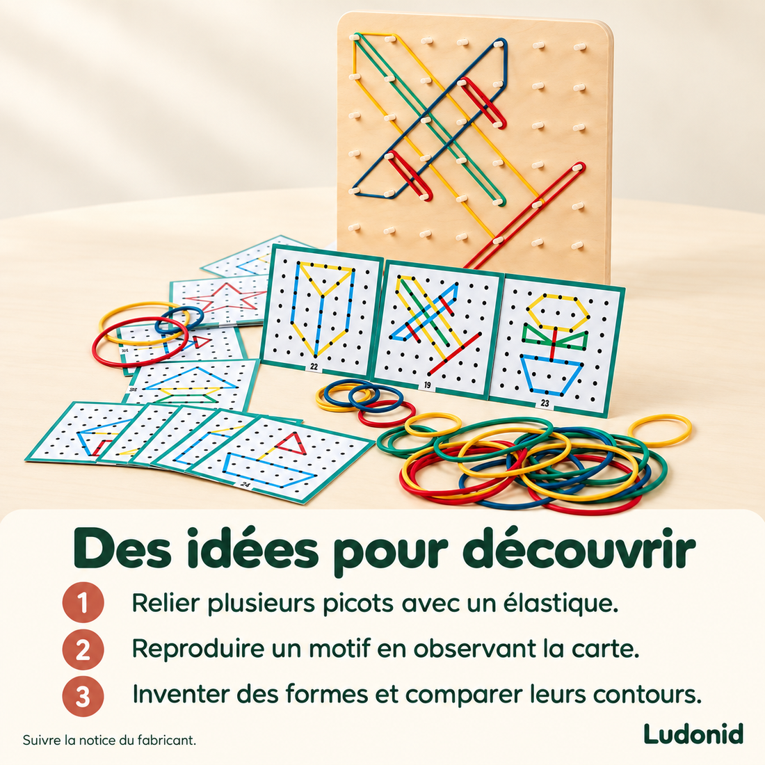 Géoplan en bois avec élastiques et cartes modèles — idées de jeu et utilisation en français