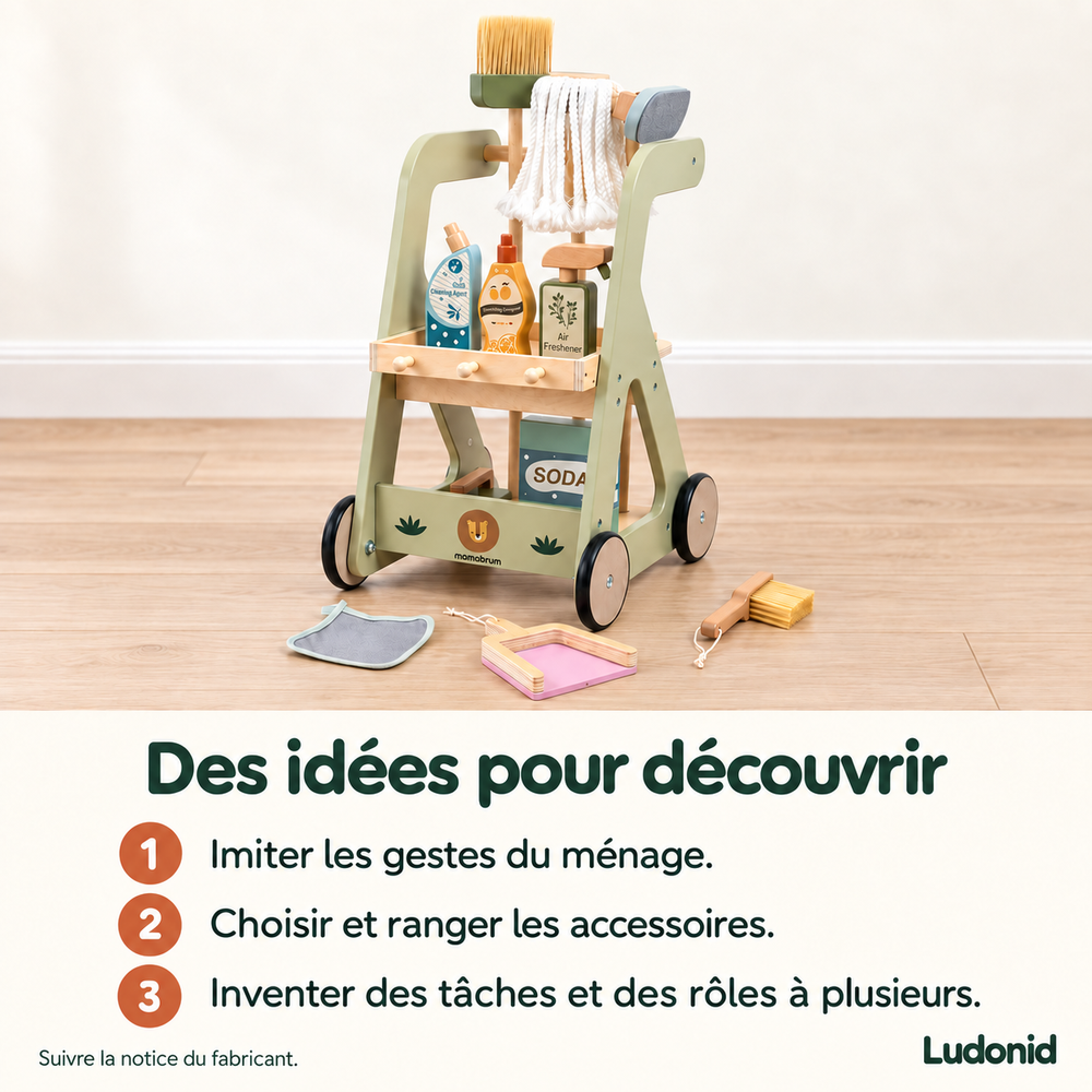 Chariot de ménage en bois avec accessoires — Mamabrum — idées de jeu et utilisation en français