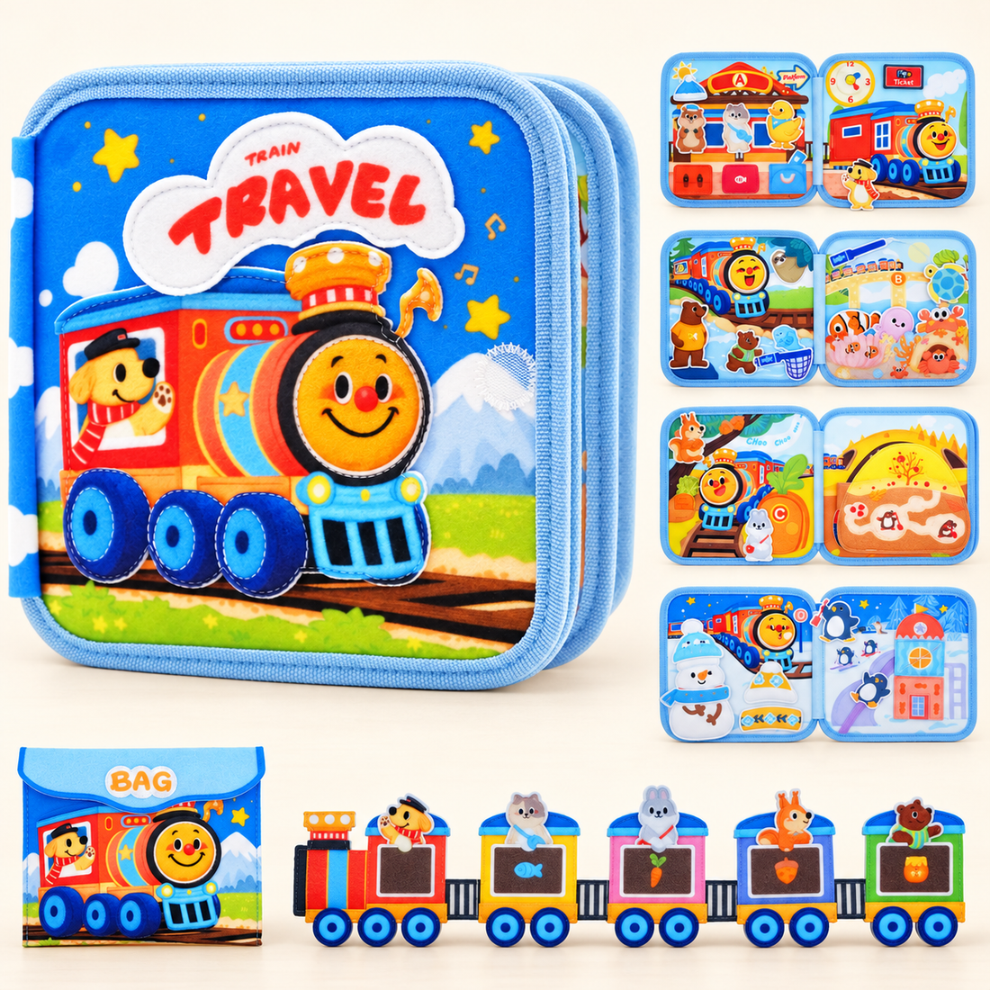 Livre d’activités en tissu — Ferme, Chiot ou Train — Train