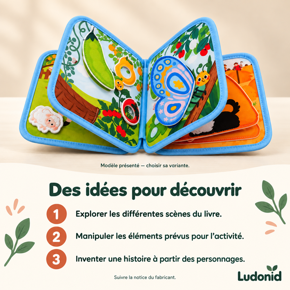 Livre d’activités en tissu — Ferme, Chiot ou Train — idées de jeu et utilisation en français