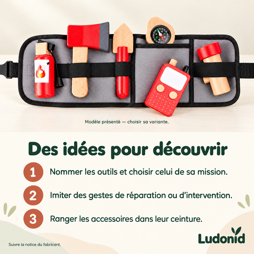 Ceinture d’outils en bois — Bricoleur ou Pompier — idées de jeu et utilisation en français