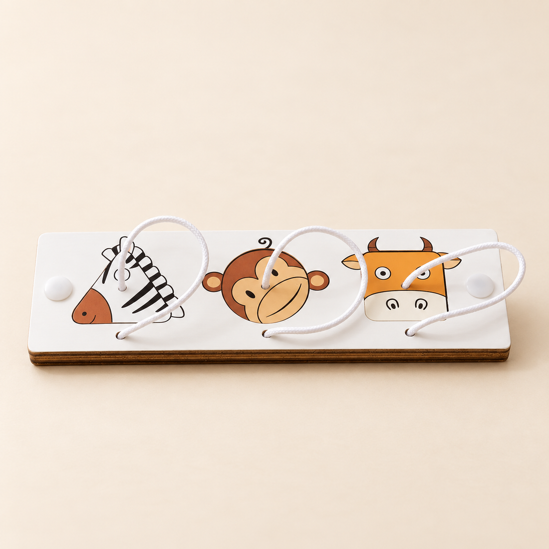 Modules pour tableau d’activités en bois — À composer — Animaux à cordons — savane