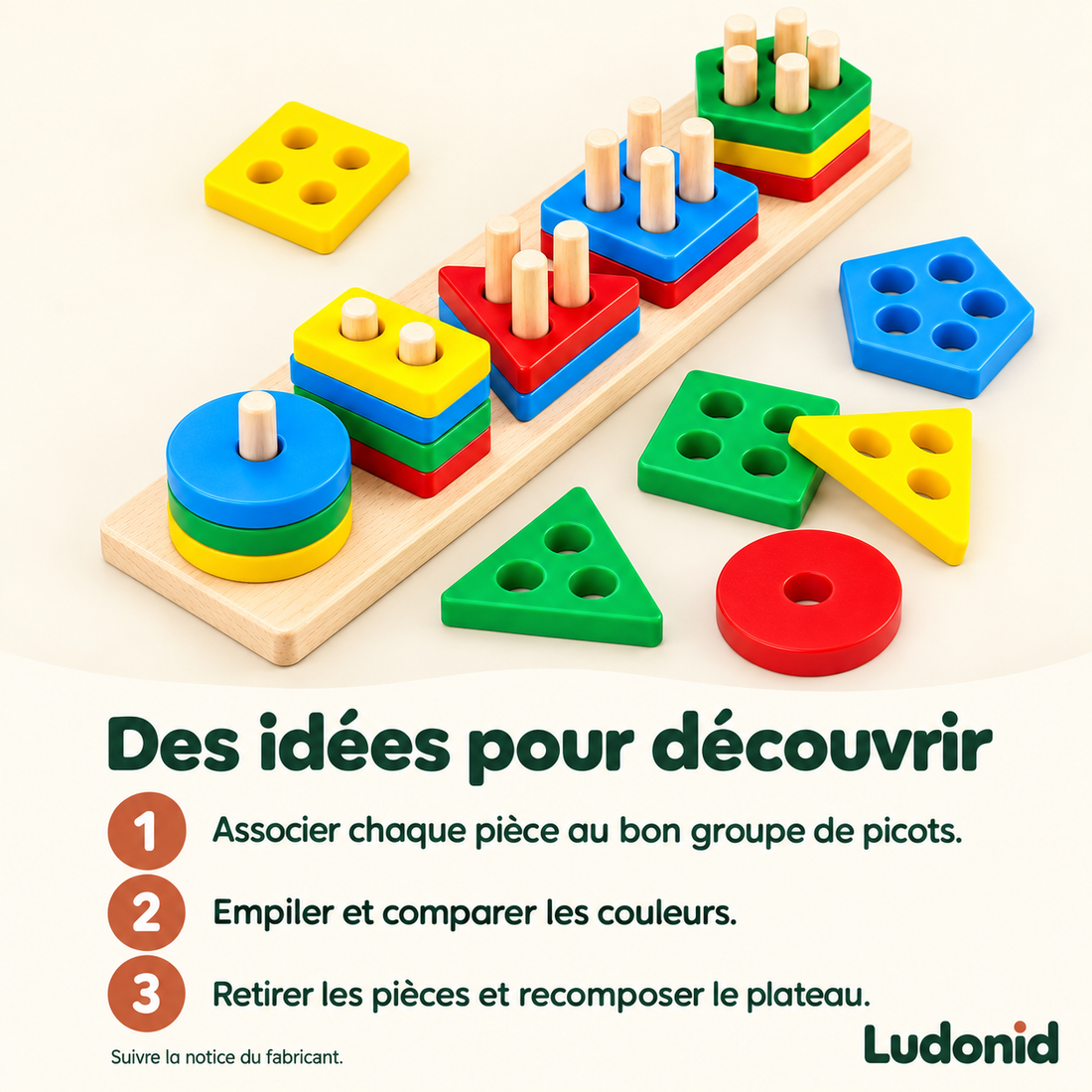 Plateau en bois à cinq colonnes — Formes à empiler — idées de jeu et utilisation en français