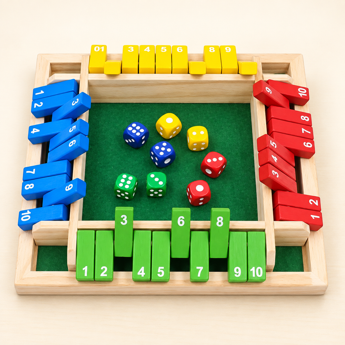 Shut the Box en bois — Jeu de dés à quatre joueurs — Multicolore