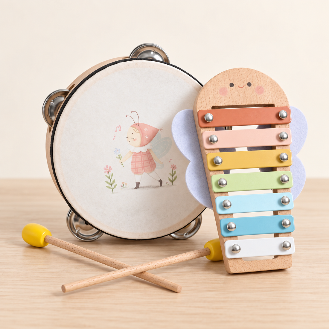 Petits instruments de musique en bois — À l’unité ou en duo — Duo tambourin et xylophone — rose