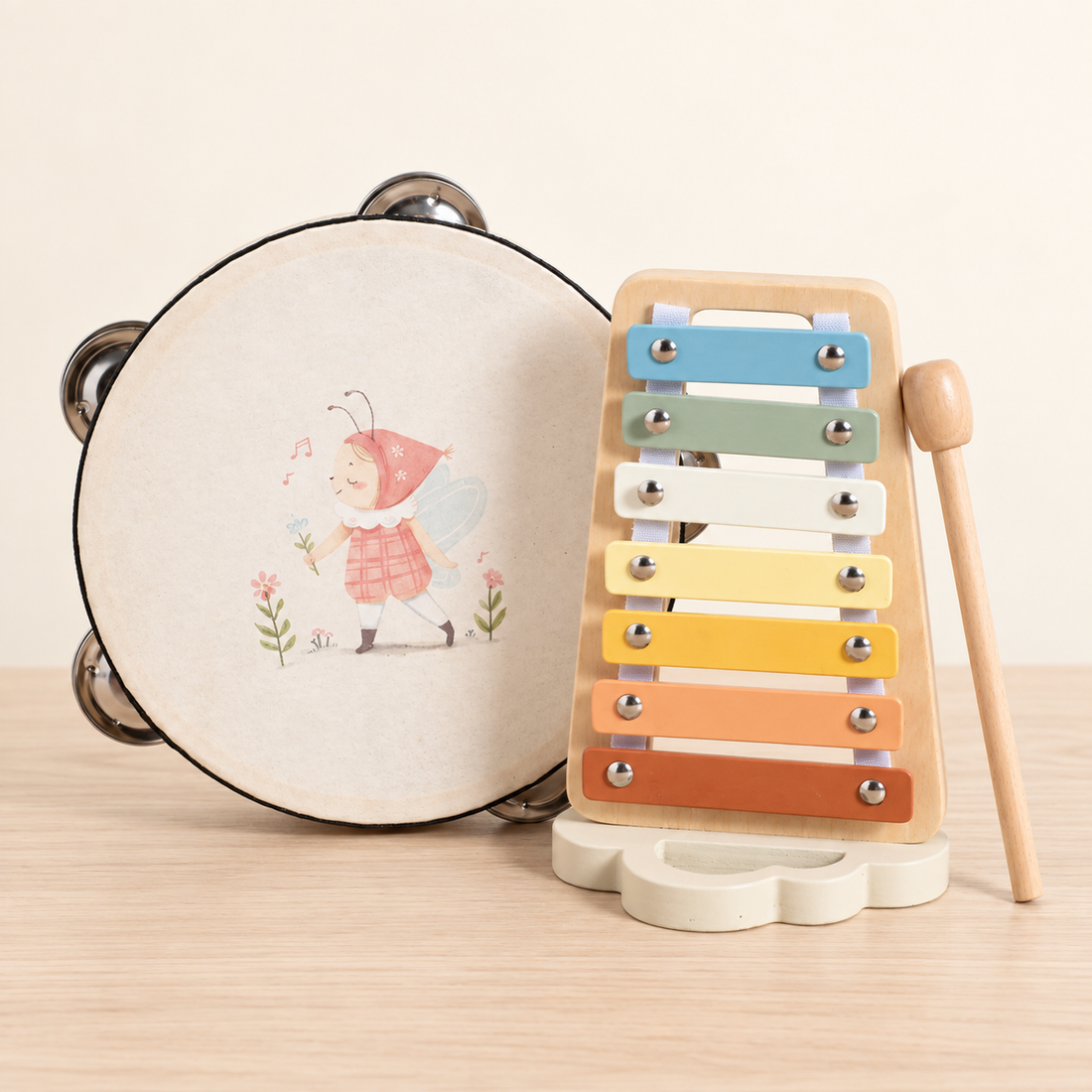 Petits instruments de musique en bois — À l’unité ou en duo — Duo tambourin et xylophone — naturel